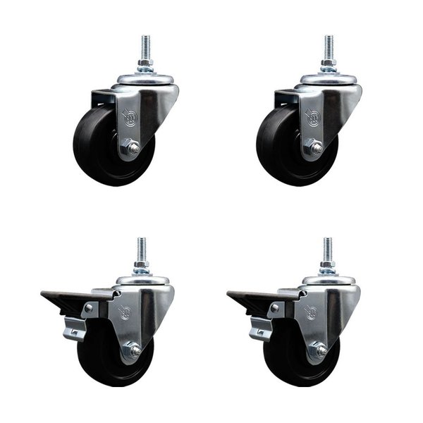 Service Caster 3 Inch Soft Rubber 38 Inch Threaded Stem Caster Set 2 Brakes SCC SCC-TS20S314-SRS-381615-2-PLB-2